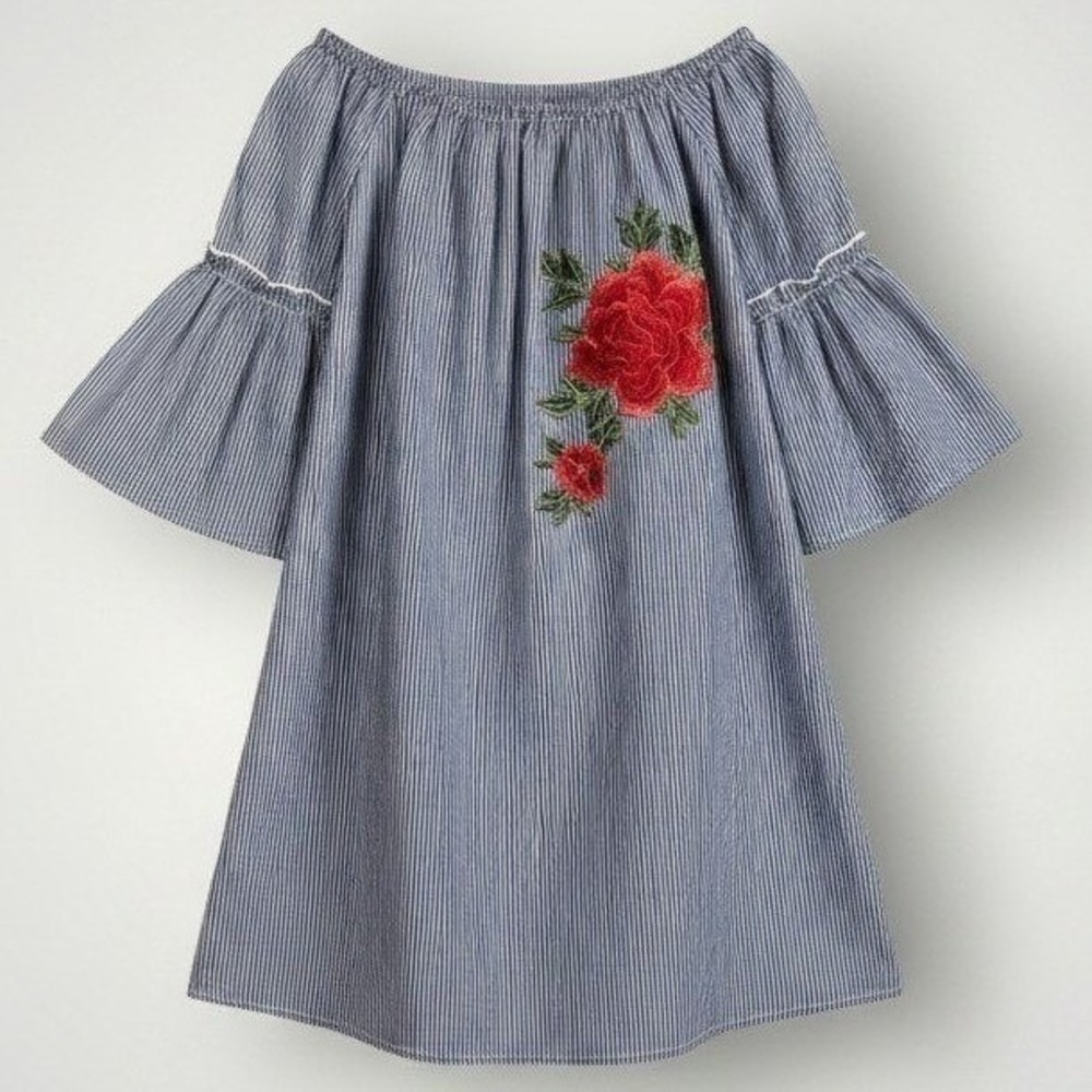 Potter's Pot Tunic Dress Women Large Blue Pinstripe Rose Embroidered Cottagecore